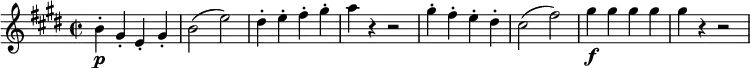 
\relative b' {
 \version "2.18.2"
 \key e \major \time 2/2
 \set Score.tempoHideNote = ##t \tempo 1 = 116
 \set Staff.midiInstrument = "violin"
 b4-.\p gis-. e-. gis-. |
 b2( e) |
 dis4-. e-. fis-. gis-. |
 a4 r r2 |
 gis4-. fis-. e-. dis-. |
 cis2( fis) |
 gis4\f gis gis gis |
 gis r4 r2 |
}
