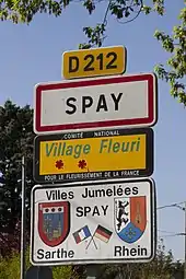 Panneau Jumelage et village fleuri, Spay, Sarthe, France