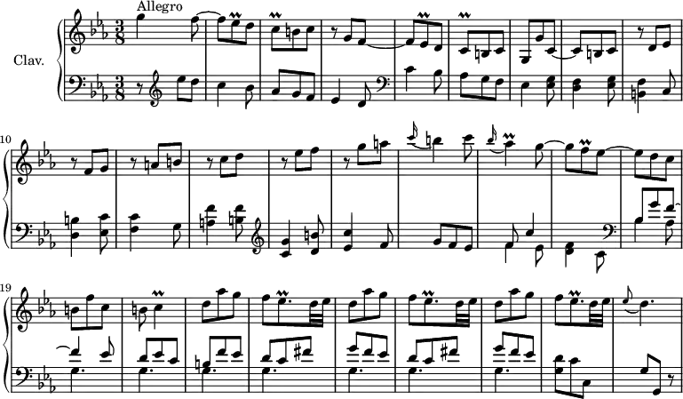 
\version "2.18.2"
\header {
  tagline = ##f
  % composer = "Domenico Scarlatti"
  % opus = "K. 226"
  % meter = "Allegro"
}
%% les petites notes
trillEesq      = { \tag #'print { ees8\prall } \tag #'midi { f32 ees f ees } }
trillCq        = { \tag #'print { c8\prall } \tag #'midi { d32 c d c } }
trillAes       = { \tag #'print { aes4\prall } \tag #'midi { bes32 aes bes aes~ aes8 } }
trillFq        = { \tag #'print { f8\prall } \tag #'midi { g32 f g f } }
trillEesqp     = { \tag #'print { ees8.\prall } \tag #'midi { f32 ees f ees~ ees16 } }
trillC         = { \tag #'print { c4\prall } \tag #'midi { d32 c d c~ c8 } }
appoEesDp      = { \tag #'print { \appoggiatura ees8 d4. } \tag #'midi { ees4 d8 } }
upper = \relative c'' {
  \clef treble 
  \key c \minor
  \time 3/8
  \tempo 4. = 72
  \set Staff.midiInstrument = #"harpsichord"
  \override TupletBracket.bracket-visibility = ##f
      s8*0^\markup{Allegro}
      g'4 f8~ | f \trillEesq d8 | \trillCq b8 c | r8 g8 f~ | f \trillEesq d8 | \trillCq b8 c | g g' c,~ |
      % ms. 8
      c8 b c | r8 d8 ees | r8 f8 g | r8 a8 b| r8 c8 d | r8 ees8 f | r8 g8 a | \appoggiatura c16 b4  c8 |
      % ms. 16
      \appoggiatura bes16 \trillAes g8~ | g \trillFq ees8~ | ees d c | b f' c | b \trillC | \repeat unfold 3 {  d8 aes' g |f \trillEesqp d32 ees } |
      % ms. 27
      \appoEesDp |
      % ms. 30
      % ms. 38
      % ms. 45
}
lower = \relative c' {
  \clef bass
  \key c \minor
  \time 3/8
  \set Staff.midiInstrument = #"harpsichord"
  \override TupletBracket.bracket-visibility = ##f
    % ************************************** \appoggiatura a16  \repeat unfold 2 {  } \times 2/3 { }   \omit TupletNumber 
      r8   \clef treble  ees'8 d | c4 bes8 | aes g f | ees4 d8   \clef bass | c4 bes8 | aes g f | ees4 < ees g >8
      % ms. 8
      < d f >4 < ees g >8 | < b f' >4 c8 | < d b' >4 < ees c' >8 | < f c' >4 g8 | < a f' >4 < b f' >8  \clef treble  | < c g' >4 < d b' >8 | < ees c' >4 f8 | g8 f ees |
      % ms. 16
      << { f8 c'4 } \\ { f,4 ees8 | < d f >4 c8 } >> \clef bass | 
      << { bes8 g' f~ | f4 ees8 | d ees c | b f' ees | \repeat unfold 2 { d c fis | g f ees }  } 
      \\ { bes4 aes8 |  \repeat unfold 7 { g4. } } >>
      % ms. 26
      < g d' >8 c c, | g' g, r8
      % ms. 30
      % ms. 38
      % ms. 45
}
thePianoStaff = \new PianoStaff <<
    \set PianoStaff.instrumentName = #"Clav."
    \new Staff = "upper" \upper
    \new Staff = "lower" \lower
  >>
\score {
  \keepWithTag #'print \thePianoStaff
  \layout {
      #(layout-set-staff-size 17)
    \context {
      \Score
     \override SpacingSpanner.common-shortest-duration = #(ly:make-moment 1/2)
      \remove "Metronome_mark_engraver"
    }
  }
}
\score {
  \keepWithTag #'midi \thePianoStaff
  \midi { }
}
