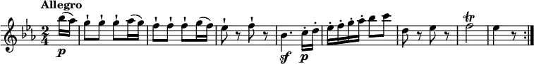 
\relative c'' {
    \version "2.18.2"
    \key ees \major 
    \tempo "Allegro"
    \tempo 4 = 160
    \time 2/4
    \partial 8 bes'16 \p (aes)
    g8-! g-! g-! aes16 (g)
    f8-! f-! f-! g16 (f)
    ees8-! r f-! r
    bes,4.\sf c16-. \p d-. 
    ees-. f-. g-. aes-. bes8 c
    d, r ees r
    f2 \trill
    ees4 r8 \bar  ":|."
}
