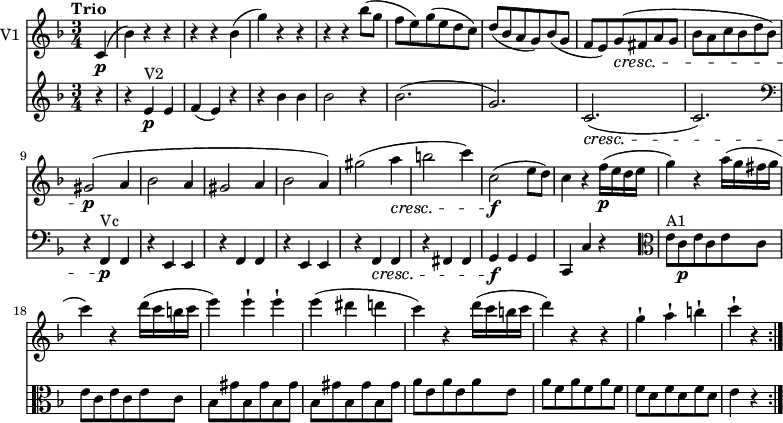 
<<
\new Staff \with { instrumentName = #"V1 "}  \relative c'' {
    \version "2.18.2"
    \key f \major 
    \tempo "Trio"
    \tempo 4 = 130
    \time 3/4
   \partial 4 c,4 \p (bes') r r
   r r bes (g') r r 
   r r bes8 (g f e) g (e d c)
   d (bes a g) bes (g f e) g \cresc (fis a g bes a c bes d bes)
   gis2\p (a4 bes2 a4 gis2 a4 bes2 a4)
   gis'2 (a4 \cresc b2 c4)
   c,2\f (e8 d)
   c4  r f16\p (e d e g4) r a16 (g fis g c4) r
   d16 (c b c e4) e-! e-! e (dis d c) r d16 (c b c d4) r r 
   g,-! a-! b-! c-! r \bar ":|."
}
 \relative c'' {
    \key f \major 
    \clef "treble"
    \time 3/4
   \partial 4 r4 r e,\p^ \markup {V2} e f (e) r r bes' bes bes2 r4
   bes2. (g) c,\cresc (c)
   \clef "bass" r4 f,,\p ^ \markup {Vc}  f r e e r f f r e e r f \cresc f r fis fis 
   g\f g g c, c' r
   \clef "alto" e'8^ \markup {A1} c\p \repeat unfold 5 {e c }
   \repeat unfold 6 {bes gis' }  \repeat unfold 3 {a e }  \repeat unfold 3 {a f}  \repeat unfold 3 {f d }
   e4 r
}
>>
