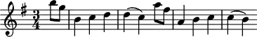 
\header {
  tagline = ##f
}
\score {
  \new Staff \with {
  }
<<
  \relative c'' {
    \key g \major
    \time 3/4
    \override TupletBracket #'bracket-visibility = ##f 
    \autoBeamOff
     %%%%%%%%%%%%%%%%%%%%%%%%%% K1e
     \partial 4 b'8[ g] b,4 c d d( c) a'8[ fis] a,4 b c c( b)
  }
>>
  \layout {
    \context {
      \remove "Metronome_mark_engraver"
    }
  }
  \midi {}
}
