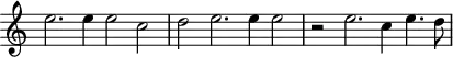 
\header {
  tagline = ##f
}
\score {
  \new Staff \with {
     \remove "Time_signature_engraver"
  }
<<
  \relative c'' {
    \key c \major
    %\clef bass
    \time 4/2
    \override TupletBracket #'bracket-visibility = ##f 
     %%% f° 59-60
     e2. e4 e2 c  d  e2. e4 e2 r2 e2. c4  e4.  d8
  }
>>
  \layout {
     \context { \Score \remove "Metronome_mark_engraver" }
  }
  \midi {}
}
