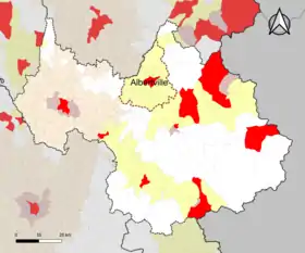 Localisation de l'aire d'attraction d'Albertville dans le département de la Savoie.