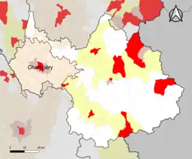 Localisation de l'aire d'attraction de Chambéry dans le département de la Savoie.