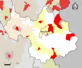 Localisation de l'aire d'attraction de Moûtiers dans le département de la Savoie.