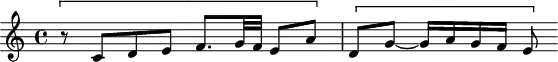 
\version "2.18.2"
\header {
  tagline = ##f
}
\score {
  \new Staff \with {
  }
<<
  \relative c' {
    \key c \major
    \time 4/4
     %% SUJET fugue CBT I-1, BWV 846, ut majeur
     \[ r8 c8 d e f8. g32 f e8 a\]  \[ d, g~ g16 a g f e8 \]
  }
>>
  \layout {
     \context { \Score \remove "Metronome_mark_engraver" }
  }
  \midi {} 
}
