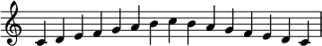 {\key c\major\time 4/1\override Staff.TimeSignature.stencil=##f \relative c'{c d e f g a b c b a g f e d c\bar "|"}}