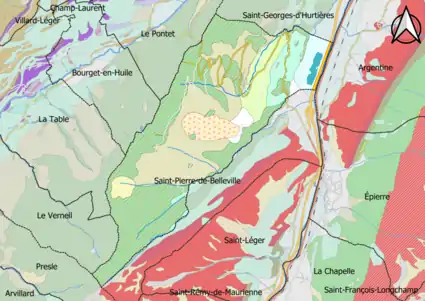 Carte montrant en couleurs le zonage géologique simplifié d'une commune