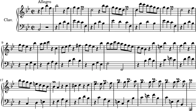 
\version "2.18.2"
\header {
  tagline = ##f
  % composer = "Domenico Scarlatti"
  % opus = "K. 154"
  % meter = "Allegro"
}
%% les petites notes
trillEesb      = { \tag #'print { ees2\prall } \tag #'midi { f16 ees f ees~ ees4 } }
trillBes       = { \tag #'print { bes4\prall } \tag #'midi { c16 bes c bes } }
trillEesq      = { \tag #'print { ees4.\prall } \tag #'midi { f16 ees f ees~ ees8 } }
trillFq        = { \tag #'print { f4.\prall } \tag #'midi { g16 f g f~ f8 } }
trillGq        = { \tag #'print { g4.\prall } \tag #'midi { a16 g a g~ g8 } }
trillFAq       = { \tag #'print { a4.\prall } \tag #'midi { bes16 a bes a~ a8 } }
trillGb        = { \tag #'print { g2\prall } \tag #'midi { a16 g a g~ g4 } }
upper = \relative c'' {
  \clef treble 
  \key bes \major
  \time 2/2
  \tempo 2 = 90
  \set Staff.midiInstrument = #"harpsichord"
  \override TupletBracket.bracket-visibility = ##f
      s8*0^\markup{Allegro}
      r4 f4 bes f | bes2 r4 f4 | g f \trillEesb | d2 r4 bes'8 a | g f ees d \trillEesb |
      % ms. 6
      d4 d'8 c bes a g f | g4 f \trillEesb | d2 r4 f4 | g8 f ees4 r4 bes' | a8 bes c4 r4 c,4 |
      % ms. 11
      d8 ees f4 r4 fis4 | g8 f ees4 r4 bes'4 | bes8 a c bes a g f ees | d c bes4 r4 bes'4 | e, bes' r4 bes4 |
      % ms. 16
      f4 bes r4 bes4 | bes8 a g f e d c bes | \trillBes a4 r4 c4 | cis d r4 d4 | \trillEesq ees8 \trillFq f8 |
      % ms. 21
      \repeat unfold 3 { \trillGq g8 \trillFAq a8 } | \trillGb
      % ms. 26
}
lower = \relative c' {
  \clef bass
  \key bes \major
  \time 2/2
  \set Staff.midiInstrument = #"harpsichord"
  \override TupletBracket.bracket-visibility = ##f
    % ************************************** \appoggiatura a16  \repeat unfold 2 {  } \times 2/3 { }   \omit TupletNumber 
      bes,2 r2 | \repeat unfold 3 { r4 bes'4 d bes | ees d c f, } | 
      % ms. 8
      r4 bes4 d bes | r4 ees,4 g ees | r4 f4 a f |
      % ms. 11
      r4 bes4 d bes | r4 ees,4 g ees | f2 f, | r4 bes'4 d bes | r4 c4 e c |
      % ms. 16
      r4 d4 f d | r4 c,4 d e | r4 f a f | r4 bes d bes | r4 c a f |
      % ms. 21
      e4 c f bes | c e f bes, | c e, f bes, | c,2
      % ms. 26
}
thePianoStaff = \new PianoStaff <<
    \set PianoStaff.instrumentName = #"Clav."
    \new Staff = "upper" \upper
    \new Staff = "lower" \lower
  >>
\score {
  \keepWithTag #'print \thePianoStaff
  \layout {
      #(layout-set-staff-size 17)
    \context {
      \Score
     \override SpacingSpanner.common-shortest-duration = #(ly:make-moment 1/2)
      \remove "Metronome_mark_engraver"
    }
  }
}
\score {
  \keepWithTag #'midi \thePianoStaff
  \midi { }
}
