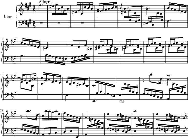 
\version "2.18.2"
\header {
  tagline = ##f
  % composer = "Domenico Scarlatti"
  % opus = "K. 448"
  % meter = "Allegro"
}
%% les petites notes
trillCisp     = { \tag #'print { cis4.\prall } \tag #'midi { d32 cis d cis~ cis4 } }
trillGisp     = { \tag #'print { gis4.\prall } \tag #'midi { a32 gis a gis~ gis4 } }
upper = \relative c'' {
  \clef treble 
  \key fis \minor
  \time 3/8
  \tempo 4. = 78
  \set Staff.midiInstrument = #"harpsichord"
  \override TupletBracket.bracket-visibility = ##f
      s8*0^\markup{Allegro}
      fis4. | eis16 gis b, d gis, b | eis, gis cis, d' cis b | a gis a b cis d | \acciaccatura cis8 \stemUp b4.^~ | \stemNeutral
      % ms. 6
      b4. | cis16 b a gis fis e | d' cis b a gis fis | eis4. | a8 fis a | \repeat unfold 2 { gis16 a b8 a } | 
      % ms. 13
      \stemUp \repeat unfold 2 { b16 cis d8 cis^~ } | cis16 b8 a dis16 | \stemNeutral e16 b cis gis a fis | gis e fis dis e b | 
      % ms. 18
      cis16 \stemUp \change Staff = "lower" a b fis gis dis | \stemNeutral \change Staff = "upper" s4. | r8 b'''8. d,16 | \trillCisp | r8 b'8. d,16 | cis16 b' a gis a e |
      % ms. 24
      fis16 d cis b a gis | a4. | e'8 d16 c b a | \trillGisp | e'8 d16 c b a | gis16
}
lower = \relative c' {
  \clef bass
  \key fis \minor
  \time 3/8
  \set Staff.midiInstrument = #"harpsichord"
  \override TupletBracket.bracket-visibility = ##f
    % ************************************** \appoggiatura a16  \repeat unfold 2 {  } \times 2/3 { }   \omit TupletNumber 
      R4.*3 | \stemDown \change Staff = "upper" fis4. | eis16 gis \stemUp \change Staff = "lower" b, \stemDown \change Staff = "upper" d \stemUp \change Staff = "lower" gis, b |
      % ms. 6
      eis,16 gis cis, \stemDown \change Staff = "upper" d' cis \stemUp \change Staff = "lower" b \stemNeutral | a4. | b | cis16 b a gis fis eis | fis gis a b cis \stemDown \change Staff = "upper" dis | eis8. cis16 fis dis |
      % ms. 12
      eis8. cis16 fis d | \repeat unfold 2 { gis8. e16 a fis } | gis8 fis b, | e4. | \stemNeutral \change Staff = "lower" e, | 
      % ms. 18
      e,4. | \stemUp e'16-\markup{mg} \stemDown \change Staff = "upper" e' d \stemUp \change Staff = "lower" cis b a | gis fis e d cis b | a \stemDown \change Staff = "upper" e'' d \stemUp \change Staff = "lower" cis b a | gis fis e d cis b | a8 b cis |
      % ms. 24
      d8 e e, | a16 \stemDown \change Staff = "upper" f'' e d \stemUp \change Staff = "lower" c b | a g f e d f | e \stemDown \change Staff = "upper" f' e d \stemUp \change Staff = "lower" c b | a g f e d f |
      % ms. 29
      e8
}
thePianoStaff = \new PianoStaff <<
    \set PianoStaff.instrumentName = #"Clav."
    \new Staff = "upper" \upper
    \new Staff = "lower" \lower
  >>
\score {
  \keepWithTag #'print \thePianoStaff
  \layout {
      #(layout-set-staff-size 17)
    \context {
      \Score
     \override SpacingSpanner.common-shortest-duration = #(ly:make-moment 1/2)
      \remove "Metronome_mark_engraver"
    }
  }
}
\score {
  \keepWithTag #'midi \thePianoStaff
  \midi { }
}
