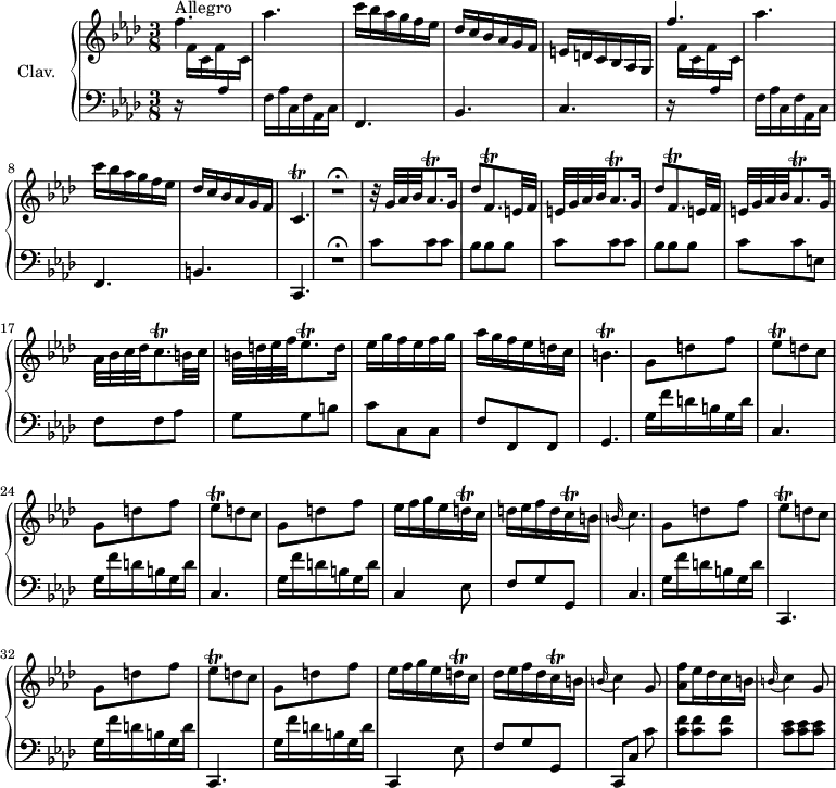 
\version "2.18.2"
\header {
  tagline = ##f
  % composer = "Domenico Scarlatti"
  % opus = "K. 50"
  % meter = "Allegro"
}
%% les petites notes
trillCp        = { \tag #'print { c4.\trill } \tag #'midi { \repeat unfold 4 { des32 c~ } c8 } }
trillAesqp     = { \tag #'print { aes8.\trill } \tag #'midi { bes32 aes bes aes~ aes16 } }
trillDqpDown   = { \tag #'print { f,8.\trill } \tag #'midi { g32 f g f~ f16 } }
trillBp        = { \tag #'print { b4.\trill } \tag #'midi { \repeat unfold 4 { c32 b~ }   \tempo 4. = 36 b8   \tempo 4. = 66 } }
trillAesqp     = { \tag #'print { aes8.\trill } \tag #'midi { bes32 aes bes aes~ aes16 } }
trillCqp       = { \tag #'print { c8.\trill } \tag #'midi { des32 c des c~ c16 } }
trillEesq      = { \tag #'print { ees8\trill } \tag #'midi { f32 ees f ees } }
trillCqq       = { \tag #'print { c16\trill } \tag #'midi { \times 2/3 { c32 d c } } }
trillDqq       = { \tag #'print { d16\trill } \tag #'midi { \times 2/3 { d32 ees d } } }
appoCq         = { \tag #'print { \appoggiatura  b32 c4. } \tag #'midi { b8  \tempo 4. = 42 c4   \tempo 4. = 66 } }
appoC          = { \tag #'print { \appoggiatura  b32 c4 } \tag #'midi { b8 c8 } }
upper = \relative c'' {
  \clef treble 
  \key f \minor
  \time 3/8
  \tempo 4. = 66
  \set Staff.midiInstrument = #"harpsichord"
  \override TupletBracket.bracket-visibility = ##f
      s8*0^\markup{Allegro}
      f4. | aes | c16 bes aes g f ees | des c bes aes g f | e d c   bes aes g |  \stemUp f''4. | \stemNeutral
      % ms. 7
      aes4. | c16 bes aes g f ees | des c bes aes g f | \trillCp | R4.\fermata | r32 g' aes bes \trillAesqp g16 |  \repeat unfold 2 { des'8 \trillDqpDown e32 f |
      % ms. 14
      e32 g aes bes \trillAesqp g16 } | aes32 bes c des \trillCqp b32 c | b d ees f ees8.\trill d16 | ees g f ees f g 
      % ms. 20
      aes g f ees d c | \trillBp | g8 d' f | \repeat unfold 2 { \trillEesq d8 c | g d' f } |
      % ms. 27
      ees16 f g ees \trillDqq c16 | d ees f d \trillCqq b16 | \appoCq | g8 d' f | \repeat unfold 2 { \trillEesq d8 c | g d' f } |
      % ms. 34
      ees16 f g ees \trillDqq c16 | des ees f des \trillCqq b16 | \appoC g8 | < aes f' >8 ees'16 des c b | \appoC g8 |
}
lower = \relative c' {
  \clef bass
  \key f \minor
  \time 3/8
  \set Staff.midiInstrument = #"harpsichord"
  \override TupletBracket.bracket-visibility = ##f
    % ************************************** \appoggiatura a16  \repeat unfold 2 {  } \times 2/3 { }   \omit TupletNumber 
      r16 \stemDown \change Staff = "upper" f16 c f  \stemUp \change Staff = "lower"  aes, \stemDown \change Staff = "upper" c \stemNeutral \change Staff = "lower" f, aes c, f aes, c | f,4. | bes | c | r16 \stemDown \change Staff = "upper" f'16 c f  \stemUp \change Staff = "lower"  aes, \stemDown \change Staff = "upper" c \stemNeutral \change Staff = "lower" | 
      % ms. 7
      f,16 aes c, f aes, c | f,4. | b | c, | R4.\fermata | \repeat unfold 2 { c''8 c c | bes bes bes } |
      % ms. 16
      c8 c e, | f f aes | g g b | c c, c | 
      % ms. 20
      f8 f, f | g4. | \repeat unfold 2 { g'16 f' d b g d' | c,4. } | g'16 f' d b g d' |
      % ms. 27
      c,4 ees8 | f g g, | c4. | \repeat unfold 2 { g'16 f' d b g d' | c,,4. } |
      % ms. 34
      g''16 f' d b g d' | c,,4 ees'8 | f g g,  | c,[ \tempo 4. = 36 c'] \tempo 4. = 66 c'  | < c f > q q | < c ees > q q |
}
thePianoStaff = \new PianoStaff <<
    \set PianoStaff.instrumentName = #"Clav."
    \new Staff = "upper" \upper
    \new Staff = "lower" \lower
  >>
\score {
  \keepWithTag #'print \thePianoStaff
  \layout {
      #(layout-set-staff-size 17)
    \context {
      \Score
     \override SpacingSpanner.common-shortest-duration = #(ly:make-moment 1/2)
      \remove "Metronome_mark_engraver"
    }
  }
}
\score {
  \keepWithTag #'midi \thePianoStaff
  \midi { }
}
