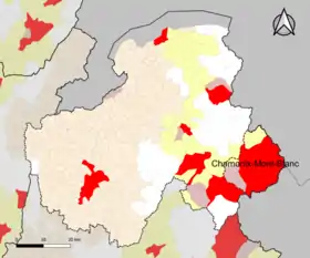 Localisation de l'aire d'attraction de Chamonix-Mont-Blanc dans le département de la Haute-Savoie.