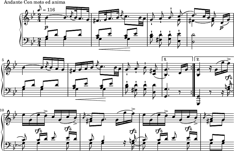 
\version "2.18.2"
\header {
  tagline = ##f
}
upper = \relative c'' {
  \clef treble 
  \key g \minor
  \time 2/4
  \tempo 8 = 116
  %\autoBeamOff
   %%Montgeroult — Étude 44 (pdf p. 132)
   \repeat volta 2 {
   bes4~\p bes16. \acciaccatura c8 bes32 a16. g32 fis16. g32 a16. bes32 \acciaccatura d8 c8. bes32 a \autoBeamOff g8-! a-! 
   << { \autoBeamOff bes-! \autoBeamOn c8( d8.) c32 bes a8  } \\ { s8 g8 fis4~ fis8 } >> 
   \autoBeamOn d16\p( g)
   bes4~ bes16 \acciaccatura c8 bes16 a g fis g a bes \acciaccatura d8 c8. bes32 a \autoBeamOff g8-! a-! bes-!
   < fis c >8(
   }
   \alternative {
   { < g bes, >4.) \autoBeamOn d16 g }
   { < g bes, >4) r16 g16( g' f)-> }
   }
    ees16 g,( ees' d->) c g( c bes->) 
   << { \acciaccatura bes8 a8[ g8.] } \\ { fis8[ g8.] } >>
   g16( g' f)->
    ees16 g,( ees' d->) c g( c bes->)
   << { \acciaccatura bes8 a g8 } \\ { fis8 g8 } >>
}
lower = \relative c {
  \clef bass
  \key g \minor
  \time 2/4
   \repeat volta 2 {
   << { \repeat unfold 2 { bes'8 d } \repeat unfold 2 { < c a >8 ees } } \\ { g,4 g g\< g\! } >>
   \autoBeamOff < d' bes >8-! < d fis, >-! < d g, >8-! 
   < ees ees, >8-!
   < d d, >2 
   \autoBeamOn
   << { \repeat unfold 2 { bes8 d } \repeat unfold 2 { < c a >8 ees } } \\ { g,4 g g\< g\! } >>
   \autoBeamOff < d' bes >8-! < d fis, >-! < d g, >8-! < d d, >8 
   }
   \alternative {
   { < g, g, >4. r8 }
   { < g, g, >4 r8 r16 << { b'16~^\rfz( } \\ { g16~ } >>}
   }
   << { c8) c16[^\rfz d] ees8 ees16[^\rfz d] c8 bes4 r16 } \\ { g8 g4 g8 g g4 } >>
   << { b16~^\rfz( } \\ { g16~ } >>
   << { c8) c16[^\rfz d] ees8 ees16[^\rfz d] c8 bes8 } \\ { g8 g4 g8 g8 g } >>
}
  \header {
    piece = "Andante Con moto ed anima"
  }
\score {
  \new PianoStaff <<
    \new Staff = "upper" \upper
    \new Staff = "lower" \lower
  >>
  \layout {
    \context {
      \Score
    }
  }
  \midi { }
}
