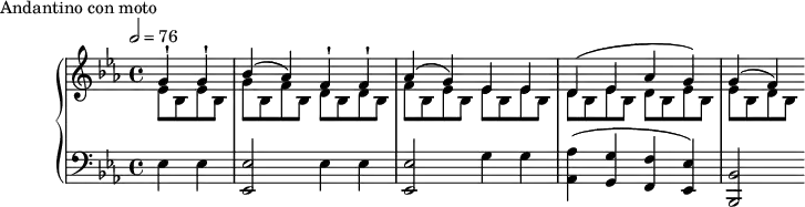 
\version "2.18.2"
\header {
  tagline = ##f
}
upper = \relative c'' {
  \clef treble 
  \key ees \major
  \time 4/4
  \tempo 2 = 76
  \override TupletBracket.bracket-visibility = ##f
   %%Montgeroult — Étude 17 (pdf p. 48)
   \partial 2
   << { g4-! g-! bes^( aes) f-! f-! aes( g) ees ees d^( ees aes g) g^( f) } \\ { \repeat unfold 2 { ees8 bes } | g'8 bes, f' bes, \repeat unfold 2 { d8 bes } f' bes, ees bes \repeat unfold 2 { ees8 bes } | \repeat unfold 2 { d8 bes ees bes } ees8 bes d bes } >>
}
lower = \relative c {
  \clef bass
  \key ees \major
  \time 4/4
   \repeat unfold 2 { ees4 ees < ees ees, >2 }
   g4 g < aes aes, >4( < g g, > < f f, > < ees ees, >) < bes bes, >2
}
  \header {
    piece = "Andantino con moto"
  }
\score {
  \new PianoStaff <<
    \new Staff = "upper" \upper
    \new Staff = "lower" \lower
  >>
  \layout {
    \context {
      \Score
    }
  }
  \midi { }
}
