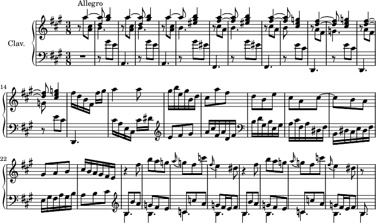 
\version "2.18.2"
\header {
  tagline = ##f
  % composer = "Domenico Scarlatti"
  % opus = "K. 221"
  % meter = "Allegro"
}
%% les petites notes
%trillBesp     = { \tag #'print { bes4.\prall } \tag #'midi { c32 bes c bes~ bes4 } }
upper = \relative c'' {
  \clef treble 
  \key a \major
  \time 3/8
  \tempo 4. = 70
  \set Staff.midiInstrument = #"harpsichord"
  \override TupletBracket.bracket-visibility = ##f
      s8*0^\markup{Allegro}
      \repeat unfold 2 { r8 << { a'4~ | < d, a' >8 < gis b >4 } \\ { a8 < a, cis > | b4. } >> } |
      r8 << { a'4~ | a8 < eis gis b >4 } \\ { a8 < a, cis > | b4. } >> | 
      % ms. 7
      r8 << { < fis' a >4~ | < fis a >8 < eis gis b >4 } \\ { cis8 a | b4. } >> |
      r8 << { < fis' a >4~ | < fis a >8 < cis e g >4 } \\ { cis8 a | b8 } >> |
      r8 << { < d fis >4~ | < d fis >8 < cis e g >4 } \\ { a8 fis | g4. } >> |
      r8 << { < d' fis >4~ | < d fis >8 < cis e g >4 } \\ { a8 fis | g8 } >> |
      % ms. 5
      fis'16 d b fis fis'[ gis] | a4 a8 | gis16 b e, gis b, d | cis8 a' fis | d b e |
      % ms. 20
      cis8 a cis~ | cis b a | gis a b  | cis16 b a gis fis e | \repeat unfold 2 { r4 fis'8  | b a g |
      % ms. 26
      \appoggiatura a16 g8 fis c' | \appoggiatura fis,16 e4 | dis8 } 
      % ms. 32
      r8 
}
lower = \relative c' {
  \clef bass
  \key a \major
  \time 3/8
  \set Staff.midiInstrument = #"harpsichord"
  \override TupletBracket.bracket-visibility = ##f
    % ************************************** \appoggiatura a8  \repeat unfold 2 {  } \times 2/3 { }   \omit TupletNumber 
      R4. | \repeat unfold 2 { r8 gis'8 e | a,,4. } | \repeat unfold 2 { r8 gis''8 eis | fis,,4. } |
      % ms. 10
      \repeat unfold 3 { r8 e''8 cis | d,,4. } | 
      % ms. 16
      cis''16 a e cis cis'[ dis] |   \clef treble  e8 fis gis | a16 cis fis, a d, fis |   \clef bass b, d gis, b e, gis |
      % ms. 20
      a16 cis fis, a dis, fis | b, dis cis e dis fis | e gis fis a gis b | a8 b cis |  \clef treble  \repeat unfold 2 { << { b8 b'a | g fis e | c c' a | g fis16 e fis8 } \\ { \mergeDifferentlyDottedOn b,4. b c b } >> } << { b8 } \\ { b4. } >>
      % ms. 26
}
thePianoStaff = \new PianoStaff <<
    \set PianoStaff.instrumentName = #"Clav."
    \new Staff = "upper" \upper
    \new Staff = "lower" \lower
  >>
\score {
  \keepWithTag #'print \thePianoStaff
  \layout {
      #(layout-set-staff-size 17)
    \context {
      \Score
     \override SpacingSpanner.common-shortest-duration = #(ly:make-moment 1/2)
      \remove "Metronome_mark_engraver"
    }
  }
}
\score {
  \keepWithTag #'midi \thePianoStaff
  \midi { }
}
