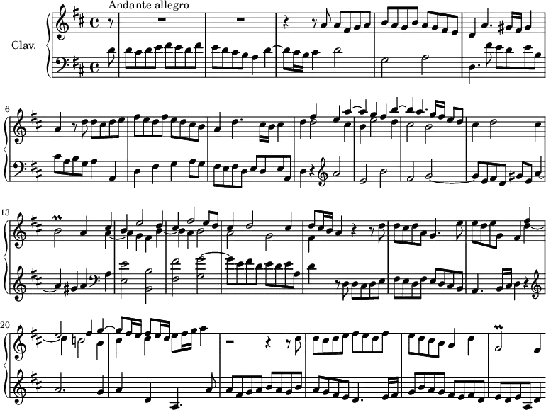 
\version "2.18.2"
\header {
  tagline = ##f
  % composer = "Domenico Scarlatti"
  % opus = "K. 287"
  % meter = "Andante allegro"
}
%% les petites notes
trillBb       = { \tag #'print { b2\prall } \tag #'midi { cis32 b cis b~ b8~ b4 } }
trillGbDown   = { \tag #'print { g,2\prall } \tag #'midi { a32 g a g~ g8~ g4 } }
upper = \relative c'' {
  \clef treble 
  \key d \major
  \time 4/4
  \tempo 4 = 122
  \set Staff.midiInstrument = #"church organ"
  \override TupletBracket.bracket-visibility = ##f
    \partial 8
      s8*0^\markup{Andante allegro}
      r8 | R1*2 | r4 r8 a8 a fis g a | b a g b a g fis e |
      % ms. 5
      d4 a'4. gis16 fis gis4 | a r8 d8 d cis d e | fis e d fis e d cis b | a4 d4. cis16 b cis4 |
      % ms. 9
      d4 << { fis4 e a~ | a g fis b~ | b a4. g16 fis e8 d } \\ { d2 cis4 | b e2 d4 | cis2 b } >> | cis4 d2 cis4 | \trillBb a4 
      % ms. 13 fin
      << { cis4 | b e2 d4 | cis fis2 e8 d | cis4 d2 cis4 | d8 cis16 b a4 } \\ { a4~ | a4 g fis b~ | b a b2 | a g | fis4 } >> r4 r8 d'8 | d cis d a g4. e'8 |
      % ms. 19
      e8 d e g, fis4 << { fis'4 | e2 fis4 g~ | g8 fis16 e  fis8 e16 d } \\ { d4~ | d4 c2 b4 | cis d } >> e8 fis16 g a4 | r2 r4 r8 d,8 |
      % ms. 23
      d8 cis d e fis e d fis | e d cis b a4 d | \trillGbDown fis4
}
lower = \relative c' {
  \clef bass
  \key d \major
  \time 4/4
  \set Staff.midiInstrument = #"church organ"
  \override TupletBracket.bracket-visibility = ##f
    % ************************************** \appoggiatura a16  \repeat unfold 2 {  } \times 2/3 { }   \omit TupletNumber 
      d8 | d cis d e fis e d fis | e d cis b a4 d~ | d8 cis16 b cis4 d2 | g, a |
      % ms. 5
      d,4. fis'8 e d e b | cis a b g a4 a, | d fis g a8 g | fis e fis d e d e a, |
      % ms. 9
      d4 r4   \clef treble  a''2 e b' | fis g2~ | g8 e fis d gis e a4~ | a gis a   \clef bass a,  |
      % ms. 14
      < e e' >2 < b b' > | < fis' fis' > < g g' >~ | g'8 e fis d e d e a, | d4 r8 d,8 d cis d e | fis e d fis e d cis b |
      % ms. 19
      a4. b16 cis d4 r4 | \clef treble  a''2. g4 | a d, a4. a'8 | a fis g a b a g b |
      % ms. 23
      a8 g fis e d4. e16 fis | g8 b a g fis e fis d | e d e a, d4 
}
thePianoStaff = \new PianoStaff <<
    \set PianoStaff.instrumentName = #"Clav."
    \new Staff = "upper" \upper
    \new Staff = "lower" \lower
  >>
\score {
  \keepWithTag #'print \thePianoStaff
  \layout {
      #(layout-set-staff-size 17)
    \context {
      \Score
     \override SpacingSpanner.common-shortest-duration = #(ly:make-moment 1/2)
      \remove "Metronome_mark_engraver"
    }
  }
}
\score {
  \keepWithTag #'midi \thePianoStaff
  \midi { }
}
