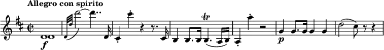 
\relative c' {
  \override Score.NonMusicalPaperColumn #'line-break-permission = ##f
  \version "2.18.2"
  \tempo "Allegro con spirito"
  \key d \major
  \time 2/2
  \tempo 4 = 160
  <<
    { d1\f | } \\
    { d1 | }
  >>
  \appoggiatura { d32[ d'] } d'2~ d4.. d,,16 |
  cis4-. cis''-. r r8. cis,,16 |
  b4 b8. b16 b4.\trill( a16 b) |
  a4-. a''-. r2 |
  g,4\p g8. g16 g4 g |
  d'2( cis8) r r4
}
