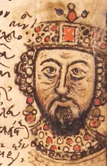 Miniature représentant un homme barbu avec une couronne sur la tête.