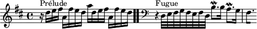 
\version "2.18.2"
\header {
  tagline = ##f
}
\score {
  \new Staff \with {
  }
<<
  \relative c'' {
    \key d \major
    \time 4/4
     %% INCIPIT CBT I-5, BWV 850, ré majeur
     r16^\markup{Prélude} d16 e fis a, fis' e d a' d, e fis a, fis' e d \bar ".."
      \skip 8*1
      \override Staff.Clef.extra-offset = #'( -1 . 0 )
      \clef bass 
      \partial 1
     r4^\markup{Fugue}  d,,32 e fis g fis e fis d b'8.\mordent b16 a8.\mordent g16 
{ 
 % suppression des warnings :
 #(ly:set-option 'warning-as-error #f)
 #(ly:expect-warning (_ "stem does not fit in beam")) %% <= à traduire éventuellement
 #(ly:expect-warning (_ "beam was started here")) %% <= à traduire éventuellement
  \set stemRightBeamCount = #1
  fis4.*1/4[ s]
}
  }
>>
  \layout {
     \context { \Score \remove "Metronome_mark_engraver" 
     \override SpacingSpanner.common-shortest-duration = #(ly:make-moment 1/2) 
}
  }
  \midi {}
}
