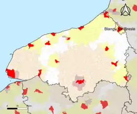 Localisation de l'aire d'attraction de Blangy-sur-Bresle dans le département de la Seine-Maritime.