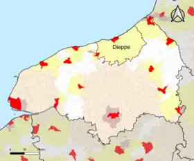 Localisation de l'aire d'attraction de Dieppe dans le département de la Seine-Maritime.