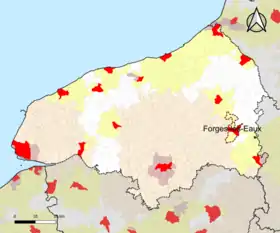 Localisation de l'aire d'attraction de Forges-les-Eaux dans le département de la Seine-Maritime.