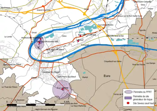 Périmètre des PPRT des zones de Saint-Pierre-les-Elbeuf et de Saint-Aubin-les-Elbeuf.