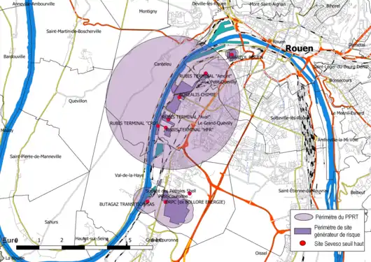 Périmètre des PPRT des zones de Petit-Quevilly et Grand-Quevilly, de Rouen (Lubrizol) et de Petit-Couronne.