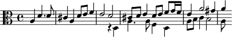 
\version "2.18.2"
\header {
  tagline = ##f
  % composer = "Johann Pachelbel"
  % opus = "Fugue sur le Magnificat ''primi toni'' no. 2, P.258"
  % meter = ""
}
\score {
<<
  \relative c' {
    \clef alto
    \key c \major
    \time 4/4
    \override TupletBracket #'bracket-visibility = ##f 
     %s8*0^\markup{Aria}
     \partial 2. \stemUp
     a4 d4. d8 | cis4 a d8 e f4 | e2 
     << { d2 | cis8 d e4 d8 e f g16 f e4 a2 gis4 | a} 
     \\ { r4 d,,4 | a'4. a8 f4 d | a'8 b c4 b2 | a8 } >> 
  }
>>
  \layout {
     #(layout-set-staff-size 17)
     \context { \Score \remove "Metronome_mark_engraver" 
     \override SpacingSpanner.common-shortest-duration = #(ly:make-moment 1/2)
     }
  }
}
