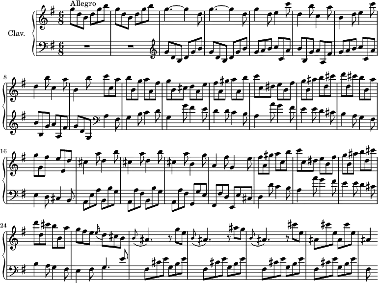 
\version "2.18.2"
\header {
  tagline = ##f
  % composer = "Domenico Scarlatti"
  % opus = "K. 241"
  % meter = "Allegro"
}
%% les petites notes
%trillBesp     = { \tag #'print { bes4.\prall } \tag #'midi { c32 bes c bes~ bes4 } }
upper = \relative c'' {
  \clef treble 
  \key g \major
  \time 6/8
  \tempo 4. = 110
  \set Staff.midiInstrument = #"harpsichord"
  \override TupletBracket.bracket-visibility = ##f
      s8*0^\markup{Allegro}
      \repeat unfold 2 { g'8 d b d g b } | \repeat unfold 2 { g4.~ g4 d8 } | 
      % ms. 5
      g4 d8 e4 c'8 | d,4 b'8 c,4 a'8 | b,4 d8 e4 c'8 | d,4 b'8 c,4 a'8 |
      % ms. 9
      b,4 b'8 c c, a' | b b, g' a a, fis' | g b, cis d a e' | fis a, gis' a a, b' | c c, dis e b fis' |
      % ms. 14
      g8 b, ais' b d, cis' | d d, cis' b b, a' | g g, fis' e e, d' | \repeat unfold 2 { cis4 a'8 d,4 b'8 } |
      % ms. 19
      cis,4 a'8 b,4 g'8 | a,4 fis'8 g,4 e'8 | fis a, gis' a c, b' | c c, dis e b fis' | g b, ais' b d, cis' |
      % ms. 24
      d8 d, cis' b b, a' | g fis e \appoggiatura e16 d8 cis b | \appoggiatura b8 ais4. r8 g'8 e | \appoggiatura b8 ais4. r8 ais'8 g |
      % ms. 28
      \appoggiatura b,8 ais4. r8 cis'8 e, | \repeat unfold 2 { ais,8 cis' e, } | ais,4 
}
lower = \relative c' {
  \clef bass
  \key g \major
  \time 6/8
  \set Staff.midiInstrument = #"harpsichord"
  \override TupletBracket.bracket-visibility = ##f
    % ************************************** \appoggiatura a16  \repeat unfold 2 {  } \times 2/3 { }   \omit TupletNumber 
      R2.*2 | \repeat unfold 2 {   \clef treble  g'8 d b d g b } |
      % ms. 5
      \repeat unfold 2 { g8 a b c c, a' | b b, g' a a, fis' } | 
      % ms. 9
      g8 d g,   \clef bass a4 fis8 | g4 b8 c4 d8 | g,4 g'8 fis4 e8 | d4 d8 c4 b8 | a4 a'8 g4 fis8 | 
      % ms. 14
      e4 e8 d4 cis8 | b4 a8 g4 fis8 | e4 d8 cis4 b8 | a e' a b, b' g | a, a' fis b, b' g |
      % ms. 19
      a,8 a' fis g, g' e | fis, fis' d e, e' cis | d4 d'8 c4 b8 | a4 a'8 g4 fis8 | e4 e8 d4 cis8 | 
      % ms. 24
      b4 a8 g4 fis8 | e4 fis8 << { g4 e'8 } \\ { \mergeDifferentlyDottedOn g,4. } >> | \repeat unfold 4 {  fis8 cis' e g, b e } |
      % ms. 30
      fis,8
}
thePianoStaff = \new PianoStaff <<
    \set PianoStaff.instrumentName = #"Clav."
    \new Staff = "upper" \upper
    \new Staff = "lower" \lower
  >>
\score {
  \keepWithTag #'print \thePianoStaff
  \layout {
      #(layout-set-staff-size 17)
    \context {
      \Score
     \override SpacingSpanner.common-shortest-duration = #(ly:make-moment 1/2)
      \remove "Metronome_mark_engraver"
    }
  }
}
\score {
  \keepWithTag #'midi \thePianoStaff
  \midi { }
}
