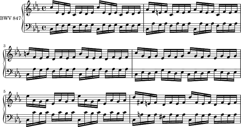 
\version "2.18.2"
\header {
  tagline = ##f
}
upper = \relative c'' {
    \clef treble 
    \key c \minor
    \time 4/4
    \tempo 4 = 84
    \set Staff.midiInstrument = #"harpsichord" 
   %% PRÉLUDE CBT I-2, BWV 847, ut mineur
   \repeat unfold 2 { c16 ees, d ees c ees d ees } 
   \repeat unfold 2 { aes16 f e f c f e f }
   \repeat unfold 2 { b16 f ees f d f ees f }
   \repeat unfold 2 { c'16 g f g ees g f g }
   \repeat unfold 2 { ees'16 aes, g aes ees aes g aes }
   \repeat unfold 2 { d16 fis, e fis d fis e fis }
}
lower = \relative c {
    \clef bass 
    \key c \minor
    \time 4/4
    \set Staff.midiInstrument = #"harpsichord" 
   \repeat unfold 2 { c16 g' f g ees g f g }
   \repeat unfold 4 { c,16 aes' g aes f aes g aes }
   \repeat unfold 2 { c,16 ees d ees g ees d ees }
   \repeat unfold 2 { c16 c' bes c aes c bes c }
   \repeat unfold 2 { c,16 a' g a fis a g a }
} 
\score {
  \new PianoStaff <<
    \set PianoStaff.instrumentName = #"BWV 847"
    \new Staff = "upper" \upper
    \new Staff = "lower" \lower
  >>
  \layout {
    \context {
      \Score
      \remove "Metronome_mark_engraver"
      %\override SpacingSpanner.common-shortest-duration = #(ly:make-moment 1/2) 
    }
  }
  \midi { }
}
