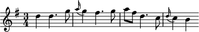 
\header {
  tagline = ##f
}
\score {
  \new Staff \with {
  }
<<
  \relative c'' {
    \key g \major
    \time 3/4
    \override TupletBracket #'bracket-visibility = ##f 
    \autoBeamOff
     %%%%%%%%%%% K 80
     d4 d4. g8 \grace a16( g4) fis4. g8 a[ fis] d4. c8 \grace d16( c4) b
  }
>>
  \layout {
    \context {
      \remove "Metronome_mark_engraver"
    }
  }
  \midi {}
}
