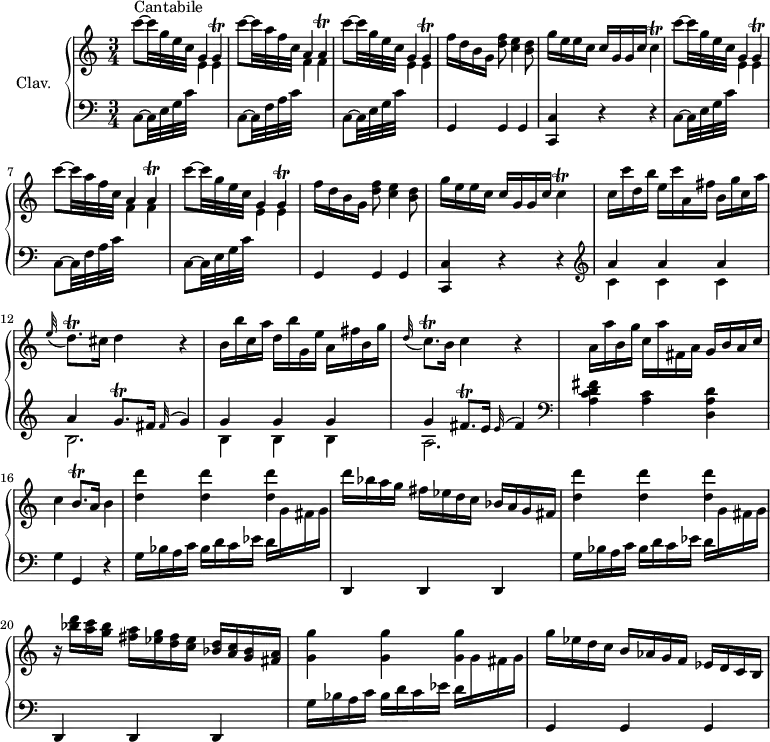 
\version "2.18.2"
\header {
  tagline = ##f
  % composer = "Domenico Scarlatti"
  % opus = "K. 132"
  % meter = "Cantabile"
}
%% les petites notes
trillG       = { \tag #'print { g4\trill } \tag #'midi { a32 g a g~ g8 } }
trillGResp   = { \tag #'print { g4\trill } \tag #'midi { a32 g a g~  \tempo 4 = 45 g8   \tempo 4 = 78 } }
trillA       = { \tag #'print { a4\trill } \tag #'midi { b32 a b a~ a8 } }
trillCResp   = { \tag #'print { c4\trill } \tag #'midi { d32 c d c~ \tempo 4 = 45  c8 \tempo 4 = 78  } }
trillC       = { \tag #'print { c4\trill } \tag #'midi { d32 c d c~ c8 } }
trillDqp     = { \tag #'print { d8.\trill } \tag #'midi { e32 d e d~ d16 } }
trillCqp     = { \tag #'print { c8.\trill } \tag #'midi { d32 c d c~ c16 } }
trillBqp     = { \tag #'print { b8.\trill } \tag #'midi { c32 b c b~ b16 } }
trillGqp     = { \tag #'print { g8.\trill } \tag #'midi { a32 g a g~ g16 } }
trillFisqp   = { \tag #'print { fis8.\trill } \tag #'midi { g32 fis g fis~ fis16 } }
upper = \relative c'' {
  \clef treble 
  \key c \major
  \time 3/4
  \tempo 4 = 78
  \set Staff.midiInstrument = #"harpsichord"
  \override TupletBracket.bracket-visibility = ##f
      s8*0^\markup{Cantabile}
      \repeat unfold 2 { c'8~ c32 g e c g4 \trillG | c'8~ c32 a f c a4 \trillA | c'8~ c32 g e c g4 \trillGResp | f'16 d b g  < d' f >8 < c e >4 < b d >8
      % ms. 5
      g'16 e e c  c g g c \trillCResp } | 
      % ms. 11
      c16 c' d, b' e, c' a, fis' b, g' c, a' | \appoggiatura e32 \trillDqp cis16 d4 r4 |
      % ms. 13
      b16 b' c, a' d, b' g, e' a, fis' b, g' | \appoggiatura d32 \trillCqp b16 c4 r4 | a16 a' b, g' c, a' fis, a g b a c | c4 \trillBqp a16 b4 |
      % ms. 17
      < d d' >4 q q | d'16 bes a g fis ees d c bes a g fis | < d' d' >4 q q |
      % ms. 20
      r16 < bes' d >16 < a c > < g bes >  < fis a > < ees g > < d fis > < c ees >  < bes d > < a c > < g bes > < fis a > | < g g' >4 q q | g'16 ees d c b aes g f ees d c b |
}
lower = \relative c' {
  \clef bass
  \key c \major
  \time 3/4
  \set Staff.midiInstrument = #"harpsichord"
  \override TupletBracket.bracket-visibility = ##f
    % ************************************** \appoggiatura a16  \repeat unfold 2 {  } \times 2/3 { }   \omit TupletNumber 
      \repeat unfold 2 { c,8~ c32 e g c \stemDown \change Staff = "upper"  e4 e \stemNeutral \change Staff = "lower"  |  c,8~ c32 f a c \stemDown \change Staff = "upper" f4 f  \stemNeutral \change Staff = "lower"   |  c,8~ c32 e g c \stemDown \change Staff = "upper"  e4 e \stemNeutral \change Staff = "lower" | g,,4 g g |
      % ms. 5
      < c, c' >4 r4 r4 } |   \clef treble 
      % ms. 11
      << { a'''4 a a | a \trillGqp fis16 \appoggiatura fis32 g4 } \\ { c,4 c c | b2. } >>
      % ms. 13
      << { g'4 g g | g \trillFisqp e16 \appoggiatura e32 fis4 } \\ { b,4 b b | a2. } >>   \clef bass < a c d fis >4 < a c > < d, a' d > | g g, r4 |
      % ms. 17
      \repeat unfold 2 { g'16 bes a c bes d c ees d \stemDown \change Staff = "upper" g fis g \stemNeutral \change Staff = "lower"  | d,,4 d d } | 
      % ms. 21
      g'16 bes a c bes d c ees d \stemDown \change Staff = "upper"  g fis g \stemNeutral \change Staff = "lower"  | g,,4 g g |
}
thePianoStaff = \new PianoStaff <<
    \set PianoStaff.instrumentName = #"Clav."
    \new Staff = "upper" \upper
    \new Staff = "lower" \lower
  >>
\score {
  \keepWithTag #'print \thePianoStaff
  \layout {
      #(layout-set-staff-size 17)
    \context {
      \Score
     \override SpacingSpanner.common-shortest-duration = #(ly:make-moment 1/2)
      \remove "Metronome_mark_engraver"
    }
  }
}
\score {
  \keepWithTag #'midi \thePianoStaff
  \midi { }
}
