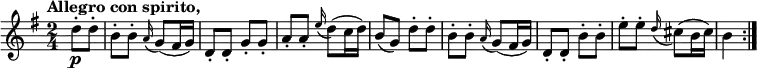 
\relative c' {
  \version "2.18.2"
  \key g \major
  \tempo "Allegro con spirito,"
  \time 2/4
  \tempo 4 = 140
  \partial4 d'8-.\p d-.
  b-. b-. \grace a16 (g8) (fis16 g)
  d8-. d-. g-. g-.
  a-. a-. \grace e'16 (d8) (c16 d)
  b8 (g) d'8-. d-.
  b-. b-. \grace a16 (g8) (fis16 g)
  d8-. d-. b'-. b-.
  e-. e-. \grace d16 (cis8) (b16 cis)
  b4 \bar ":|."
}
