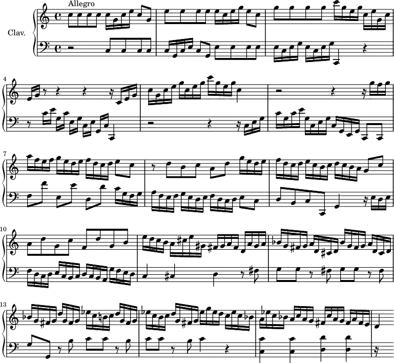 
\version "2.18.2"
\header {
  tagline = ##f
}
upper = \relative c'' {
  \clef treble 
  \key c \major
  \time 4/4
  \tempo 4 = 110
  \set Staff.midiInstrument = #"harpsichord"
   c8^\markup{Allegro} c c c c16 g c e c8 g | e'8 e e e e16 c e g e8 c | g'8 g g g  c16 g e g  c, e g, c | 
   % ms. 4
   e,16 g r8 r4 r4 r16 c,16 e g | c g c e  g c, e g  c g e g  c,4 | r2 r4 r16 g'16 f g | 
   % ms. 7 
   a16 f e f  g e d e  f d c d  e8 c | r8 d8 b c a d g16 e d e | f d c d e c b c  d c b a  g8  c | 
   % ms. 10
   a d g, c f, d' g, b | e16 d c b  a cis e gis, fis gis a fis d a' gis a | bes g fis g a d, cis d bes' g fis g a d, cis d |
   % ms. 13
   bes'16 g fis g  d' g, fis g  ees' c b c  d g, fis g | ees' c b c  d g, fis g  ees' g ees d c ees c bes | a ees' c bes  a c a g  fis c' a g  fis a fis e | d4 
}
lower = \relative c {
  \clef bass
  \key c \major
  \time 4/4
  \set Staff.midiInstrument = #"harpsichord"
    % **************************************
     r2 c8 c c c | c16 g c e c8 g  e'8 e e e | \repeat unfold 2 { e16 c e g } c,,4 r4
    % ms. 4
    r8 c''16 e g,[ c] e, g c,[ e] g, c c,4 | r2 r4 r16 c' e g | c g c e  g, c, e g  c, g e g  c,8 c |
    % ms. 7
    f'8 f' e,[ e'] d, d' c16 g f g | a16 f e f  g e d e  f d c d  e8 c | d b c c, g'4 r16 e'16 d e |
    % ms. 10
    f16 d c d  e c b c  d c b a  g' f e d | c4 cis  d r8 fis8 | g g r8 fis g g r8 fis | g g, \repeat unfold 2 { r8 b' c c } r8 b c4 r4 | < c, c' >4 q < d d' > q | r16 s8.
}
thePianoStaff = \new PianoStaff <<
    \set PianoStaff.instrumentName = #"Clav."
    \new Staff = "upper" \upper
    \new Staff = "lower" \lower
  >>
\score {
  \keepWithTag #'print \thePianoStaff
  \layout {
      #(layout-set-staff-size 17)
    \context {
      \Score
     \override SpacingSpanner.common-shortest-duration = #(ly:make-moment 1/2)
      \remove "Metronome_mark_engraver"
    }
  }
}
\score {
  \keepWithTag #'midi \thePianoStaff
  \midi { }
}
