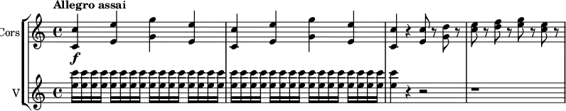 
\new StaffGroup <<
\new Staff
\with {
  instrumentName = #"Cors"
}
\relative c'' {
 \version "2.18.2"
 \key c \major
 \time 4/4
  \tempo "Allegro assai"
 \tempo 4 = 130
  <c c,>4\f <e e,> <g g,> <e e,> |
  <c c,>4 <e e,> <g g,> <e e,> |
  <c c,>4 r <c e,>8 r <d g,> r |
  <e c>8 r <f d> r <g e> r <e c> r |
}
\new Staff
 \with {
  instrumentName = #"V"
}
 \relative c' {
  \key c \major
  \set Staff.midiMinimumVolume = #0.2 \set Staff.midiMaximumVolume = #0.5
  \time 4/4
  \repeat  unfold 16 {<e' c'>16 <e c'>} <e c'>4 r4 r2 r1
}
>>
