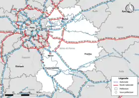 Carte du réseau routier national (autoroutes et routes nationales) dans le département de Seine-et-Marne