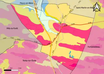 Carte montrant en couleurs le zonage géologique simplifié d'une commune