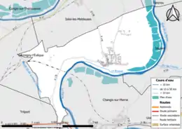 Carte en couleur présentant le réseau hydrographique de la commune