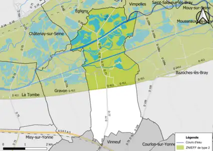 Carte des ZNIEFF de type 2 de la commune.