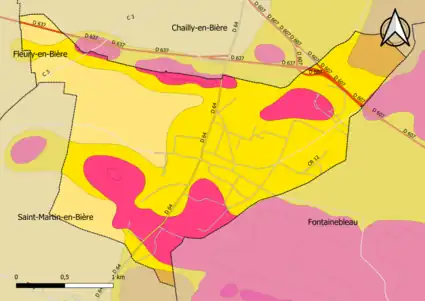 Carte montrant en couleurs le zonage géologique simplifié d'une commune