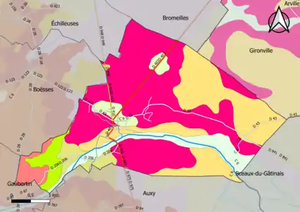 Carte montrant en couleurs le zonage géologique simplifié d'une commune