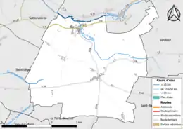 Carte en couleur présentant le réseau hydrographique de la commune