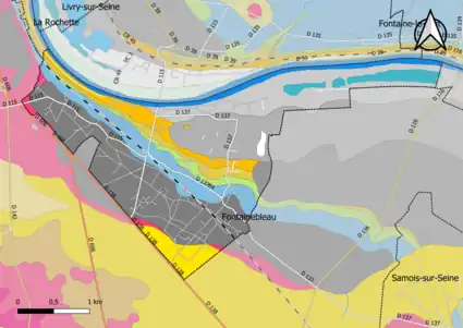 Carte montrant en couleurs le zonage géologique simplifié d'une commune