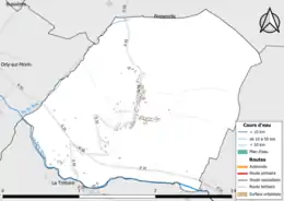 Carte en couleur présentant le réseau hydrographique de la commune