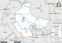 Carte en couleur présentant le réseau hydrographique de la commune