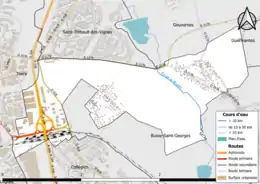 Carte en couleur présentant le réseau hydrographique de la commune