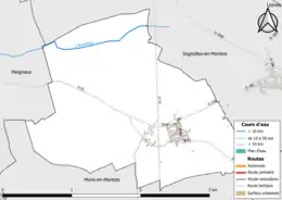 Carte en couleur présentant le réseau hydrographique de la commune