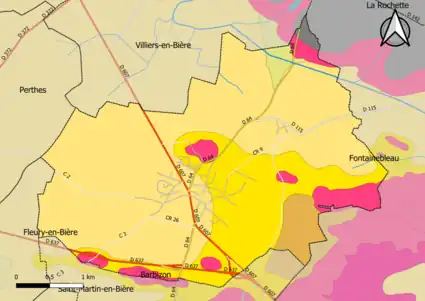 Carte montrant en couleurs le zonage géologique simplifié d'une commune